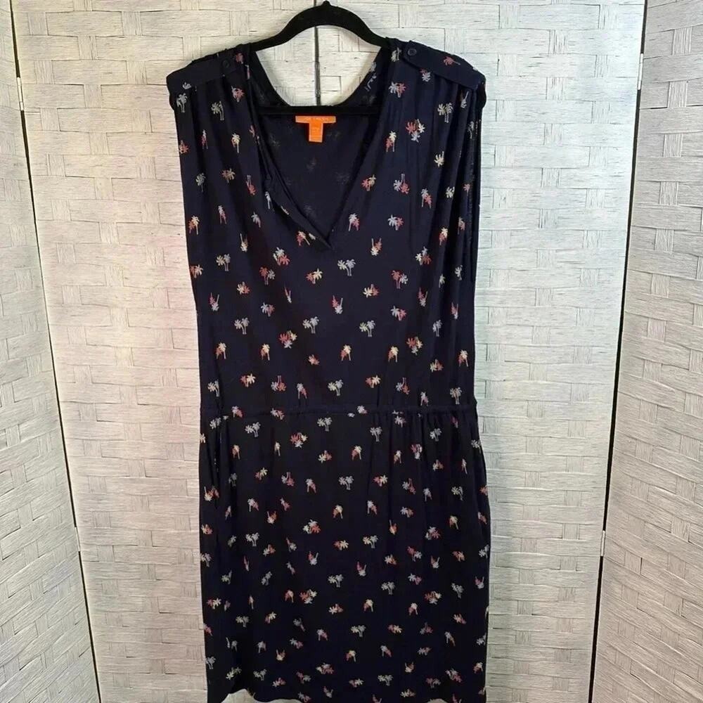 Joe Fresh Womens Dress Midi navy blue yellow orange palm trees Pockets casual